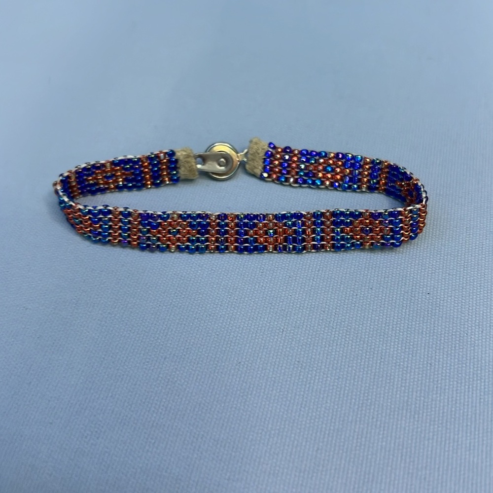 Handmade Alaska Native Beaded bracelet blue and orange (A-91)
